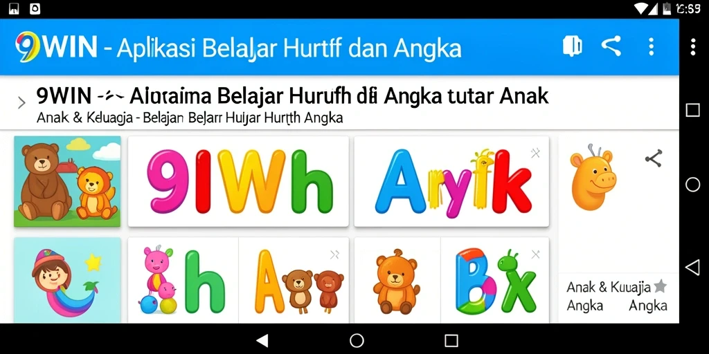 Antarmuka aplikasi 9WIN untuk belajar huruf dan angka.